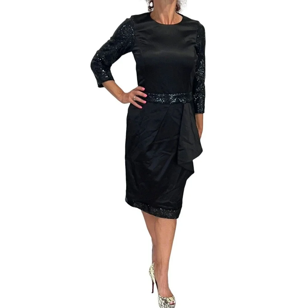 MICHAEL KORS MADE IN ITALY 3/4 SLEEVE SEQUIN SATIN BLACK PEPLUM COCKTAIL DRESS 6